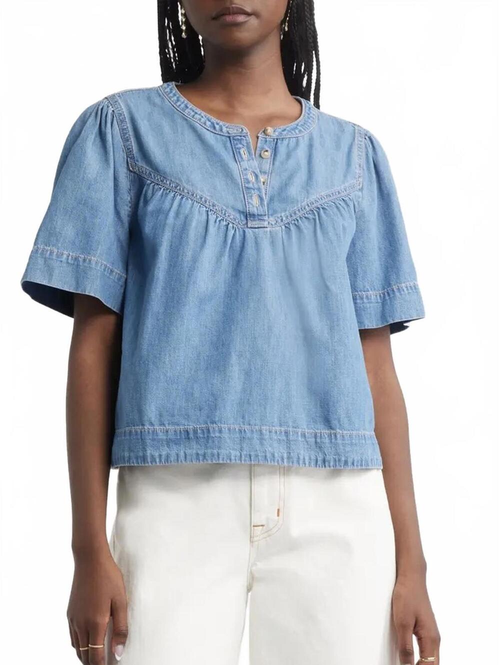 Treasure & Bond Shirred Short Sleeve Chambray Top NWT Medium Wash XL